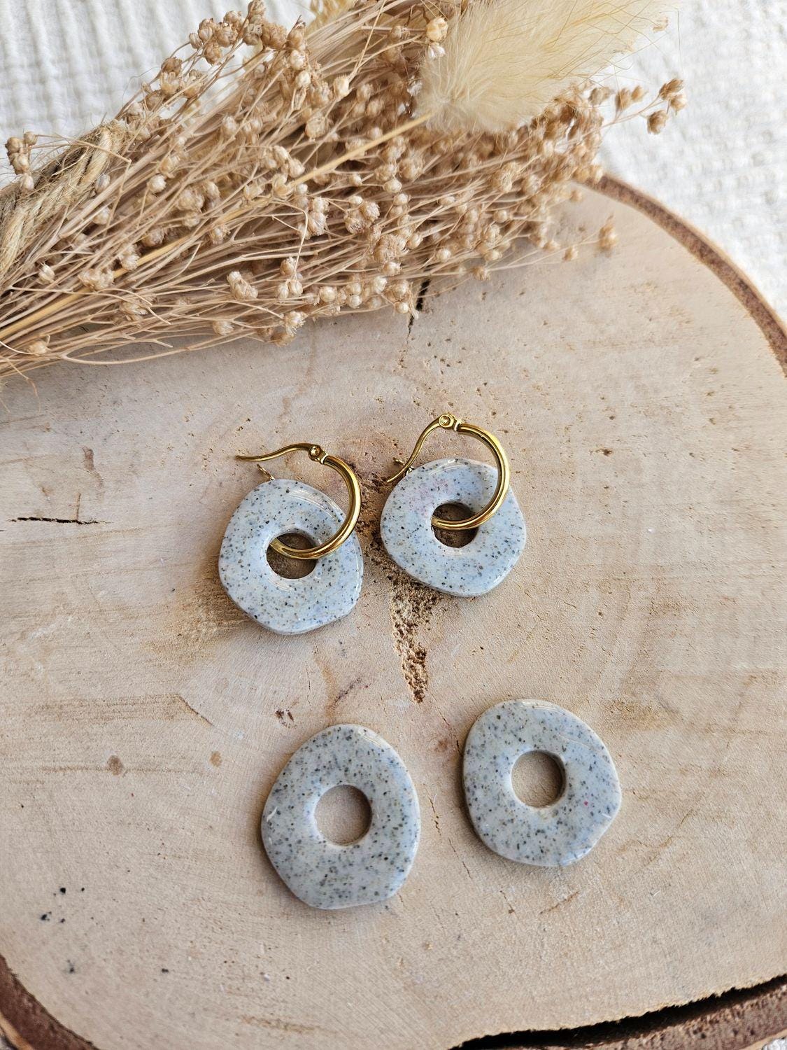 Boucles oreilles DONUT GRANIT interchangeables fleur PAMPILLE granit gris/ créole femme en Acier Inoxydable pour fait main / femme