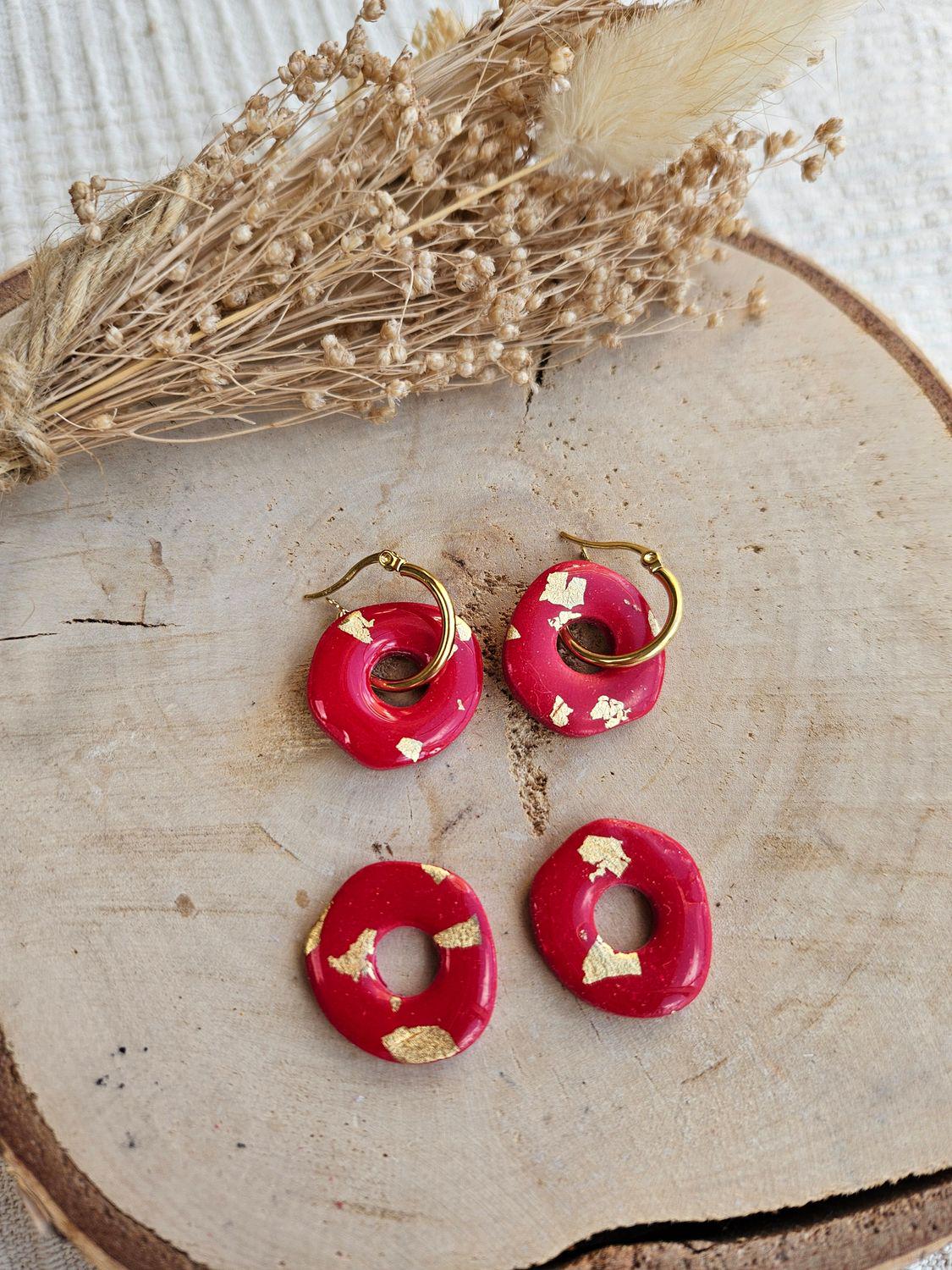 Pampilles interchangeables - par 2 -  DONUT ROUGE love interchangeables fleur PAMPILLE granit gris/ créole femme en Acier Inoxydable pour fait main / femme