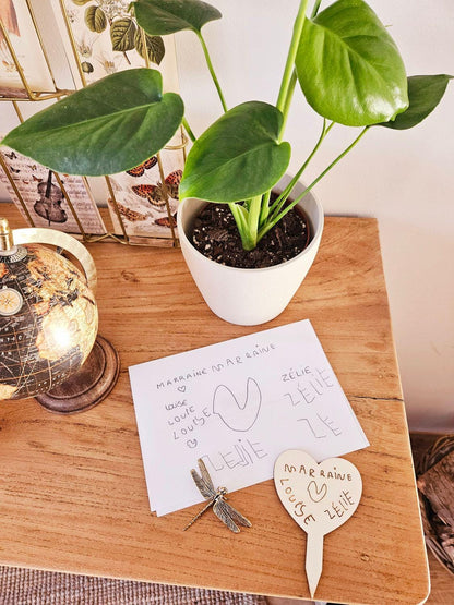 Etiquette bois cœur dessin d'enfant - Sachet de graine de fleur et d'amour à planter - personnalisé - mamie maman papa fête - fête mamie
