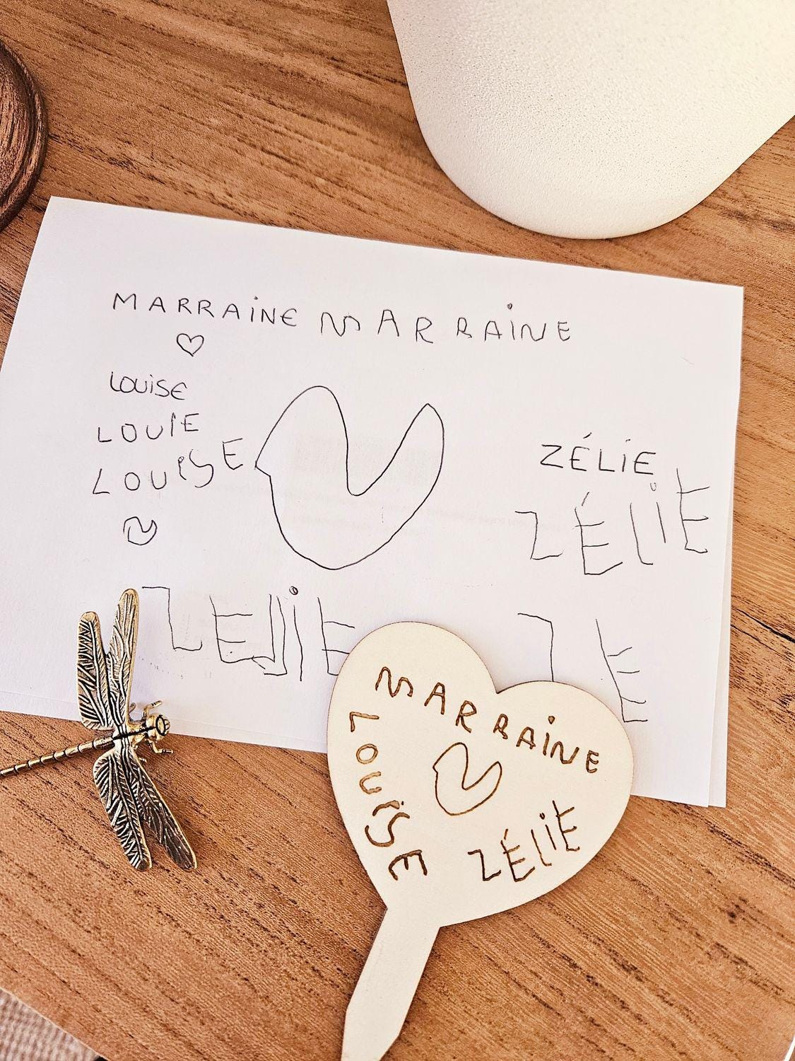 Etiquette bois cœur dessin d'enfant - Sachet de graine de fleur et d'amour à planter - personnalisé - mamie maman papa fête - fête mamie