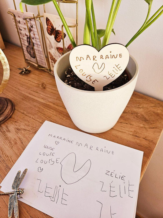 Etiquette bois cœur dessin d'enfant - Sachet de graine de fleur et d'amour à planter - personnalisé - mamie maman papa fête - fête mamie