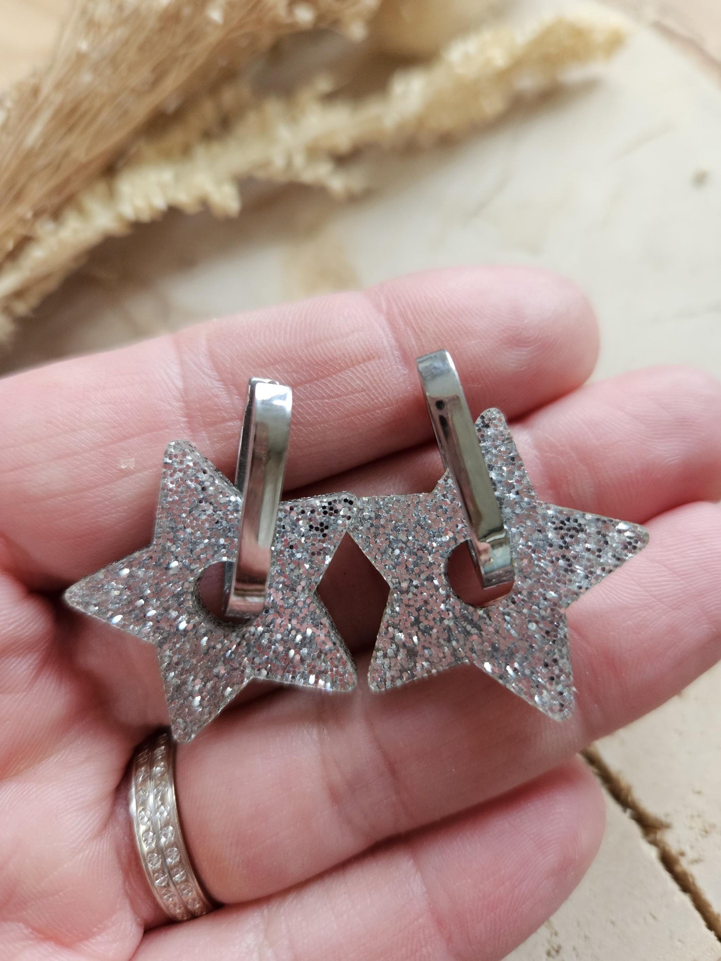 Boucles oreilles STAR interchangeables fleur PAMPILLE / créole femme en Acier Inoxydable - Argent pailleté