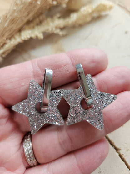 Boucles oreilles STAR interchangeables fleur PAMPILLE / créole femme en Acier Inoxydable - Argent pailleté