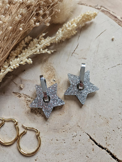 Boucles oreilles STAR interchangeables fleur PAMPILLE / créole femme en Acier Inoxydable - Argent pailleté