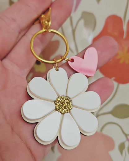 Porte clé bois ET PLEXI MARGEURITE COEUR / maman mamie maîtresse atsem cadeau femme