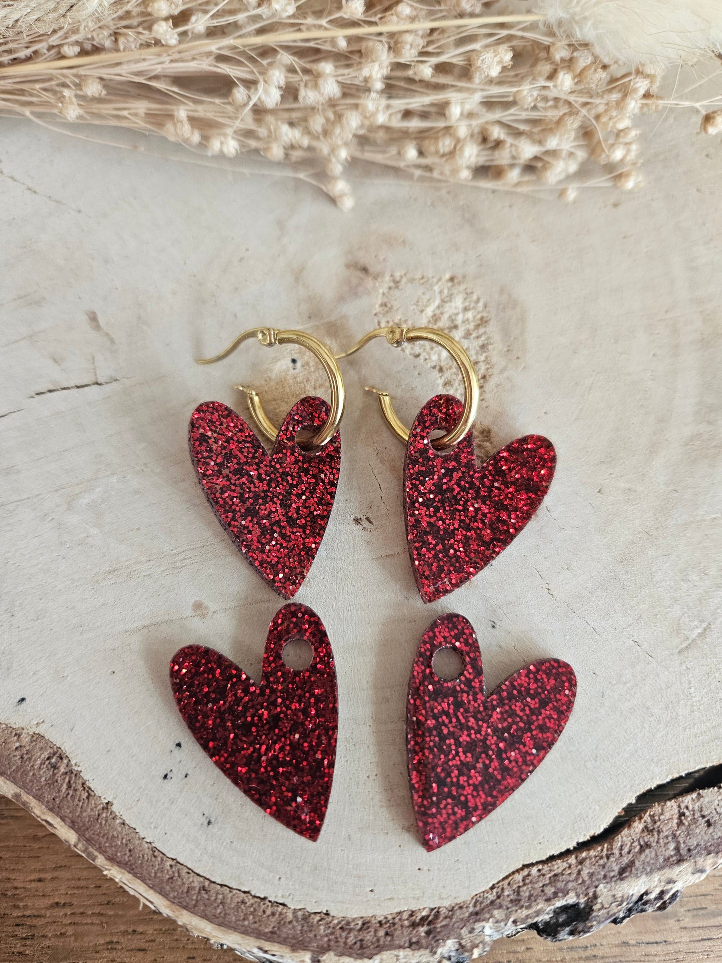 Pampilles interchangeables - par 2 - AMBRE  - rouge paillète