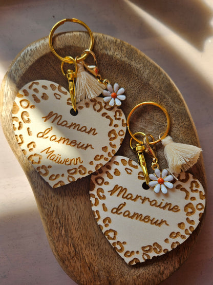 Porte clé bois cœur LEOPARD