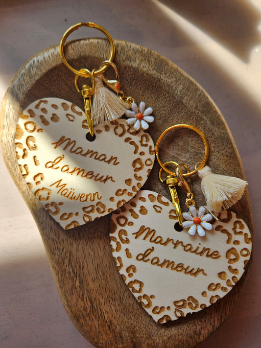 Porte clé bois cœur LEOPARD