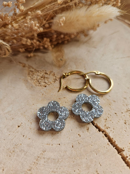 Boucles oreilles ZELIE  interchangeables fleur PAMPILLE / créole femme en Acier Inoxydable - ARGENT paillette
