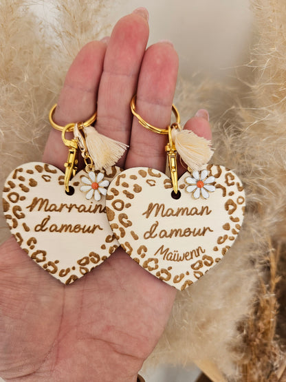 Porte clé bois cœur LEOPARD