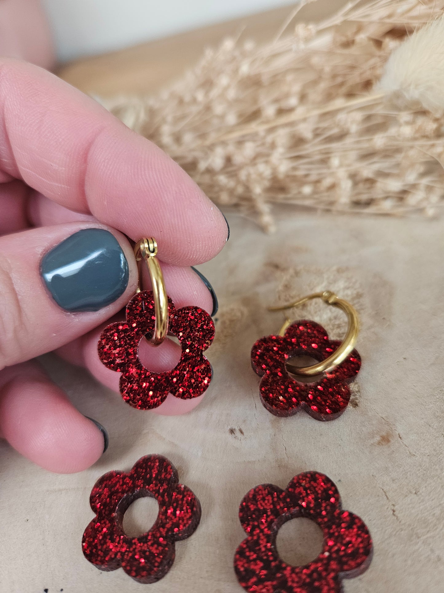 Pampilles interchangeables - par 2 - ZELIE   - rouge paillette