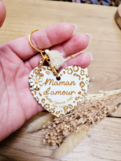 Porte clé bois cœur LEOPARD