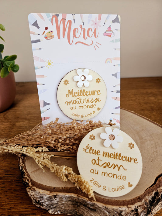 Magnet bois marguerite - fin année scolaire - MERCI maîtresse atsem nounou