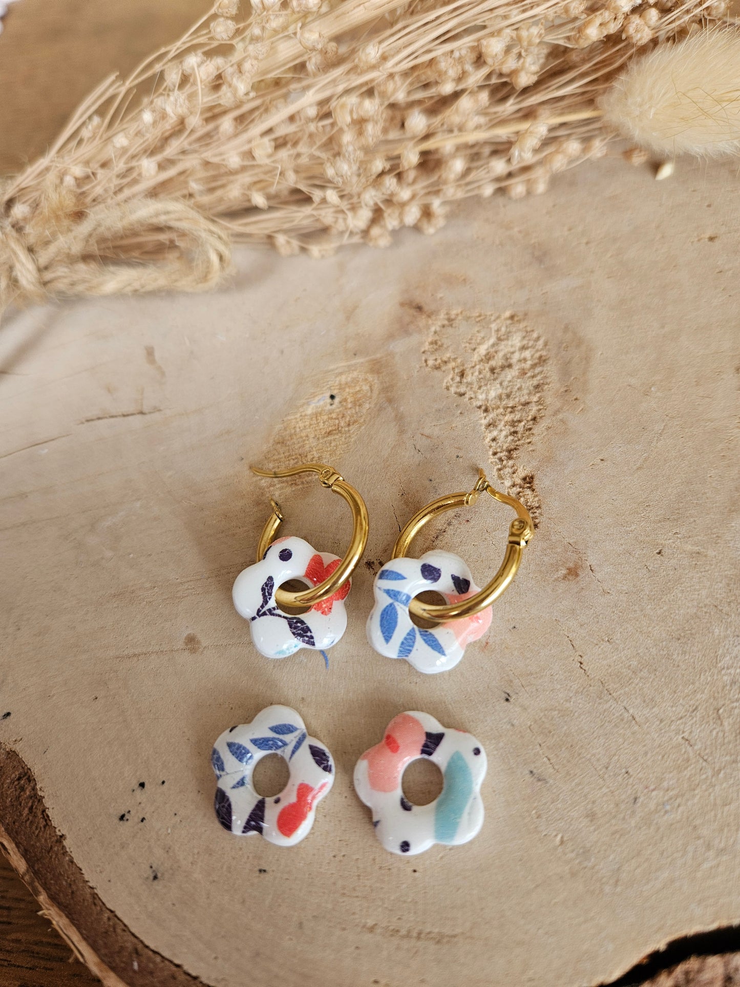 Pampilles interchangeables - par 2  mini ZELIE  - BLANCHE PRINT MULTI FLEUR