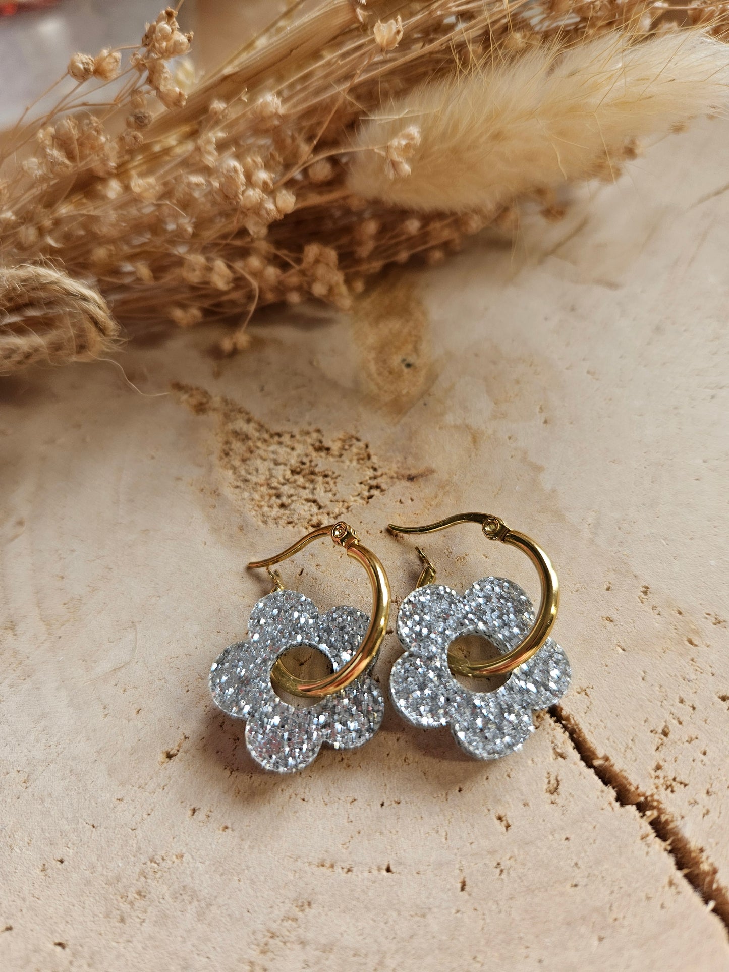 Boucles oreilles ZELIE  interchangeables fleur PAMPILLE / créole femme en Acier Inoxydable - ARGENT paillette