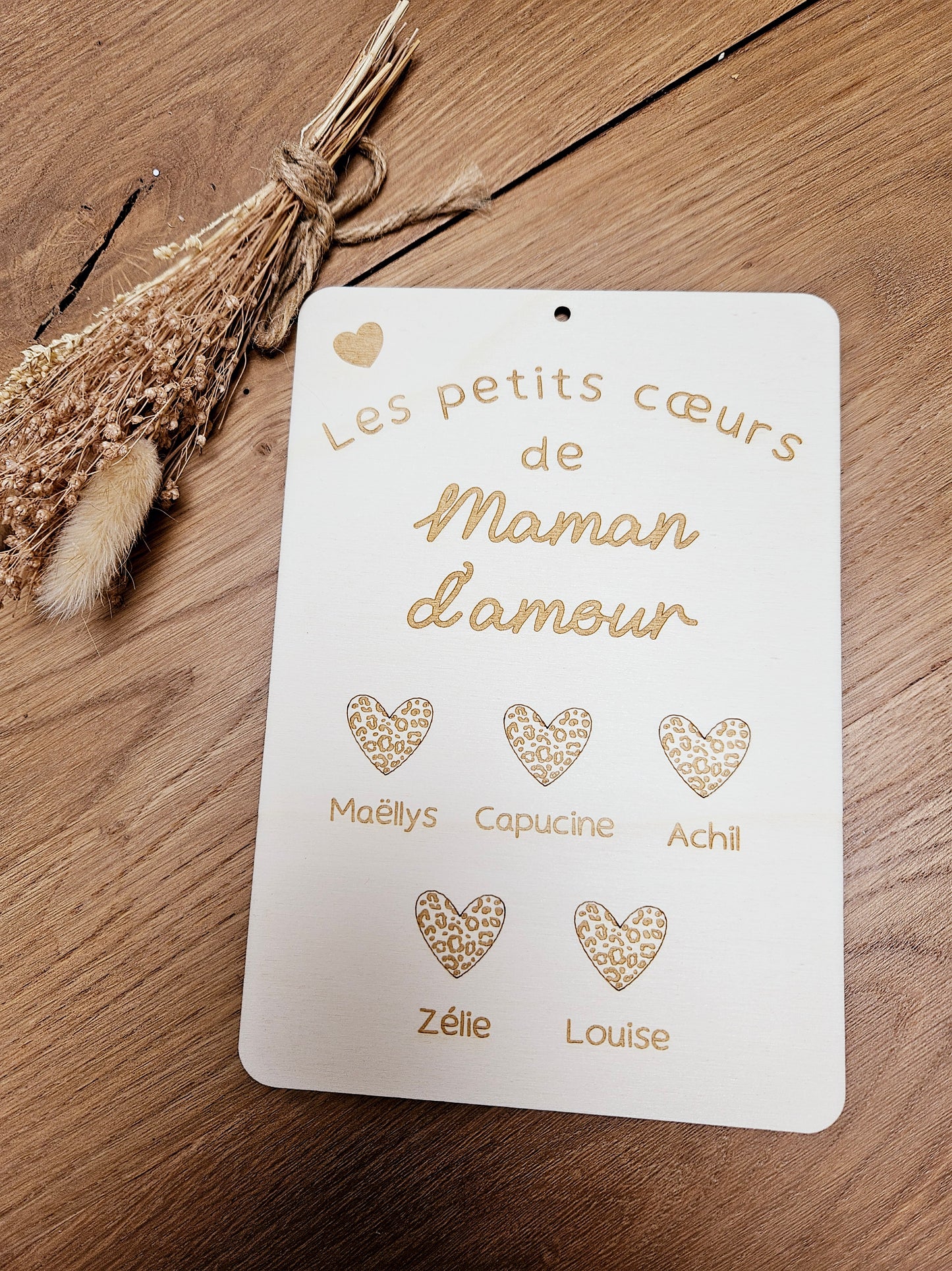 Carte - Cadre en bois "Les petits cœurs de..." LEOPARD
