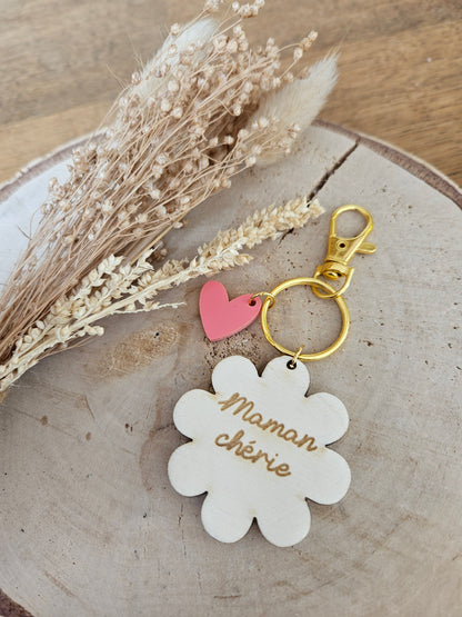 Porte clé bois ET PLEXI MARGEURITE COEUR / maman mamie maîtresse atsem cadeau femme