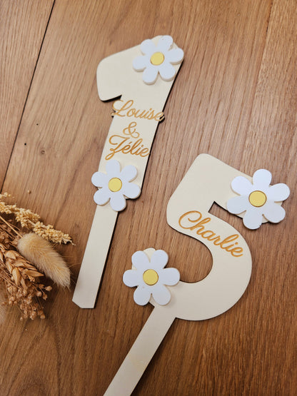 Cake topper chiffre / décoration gâteau anniversaire, baptême mariage thème fleur marguerite pâquerette