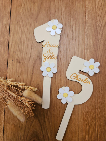 Cake topper chiffre / décoration gâteau anniversaire, baptême mariage thème fleur marguerite pâquerette