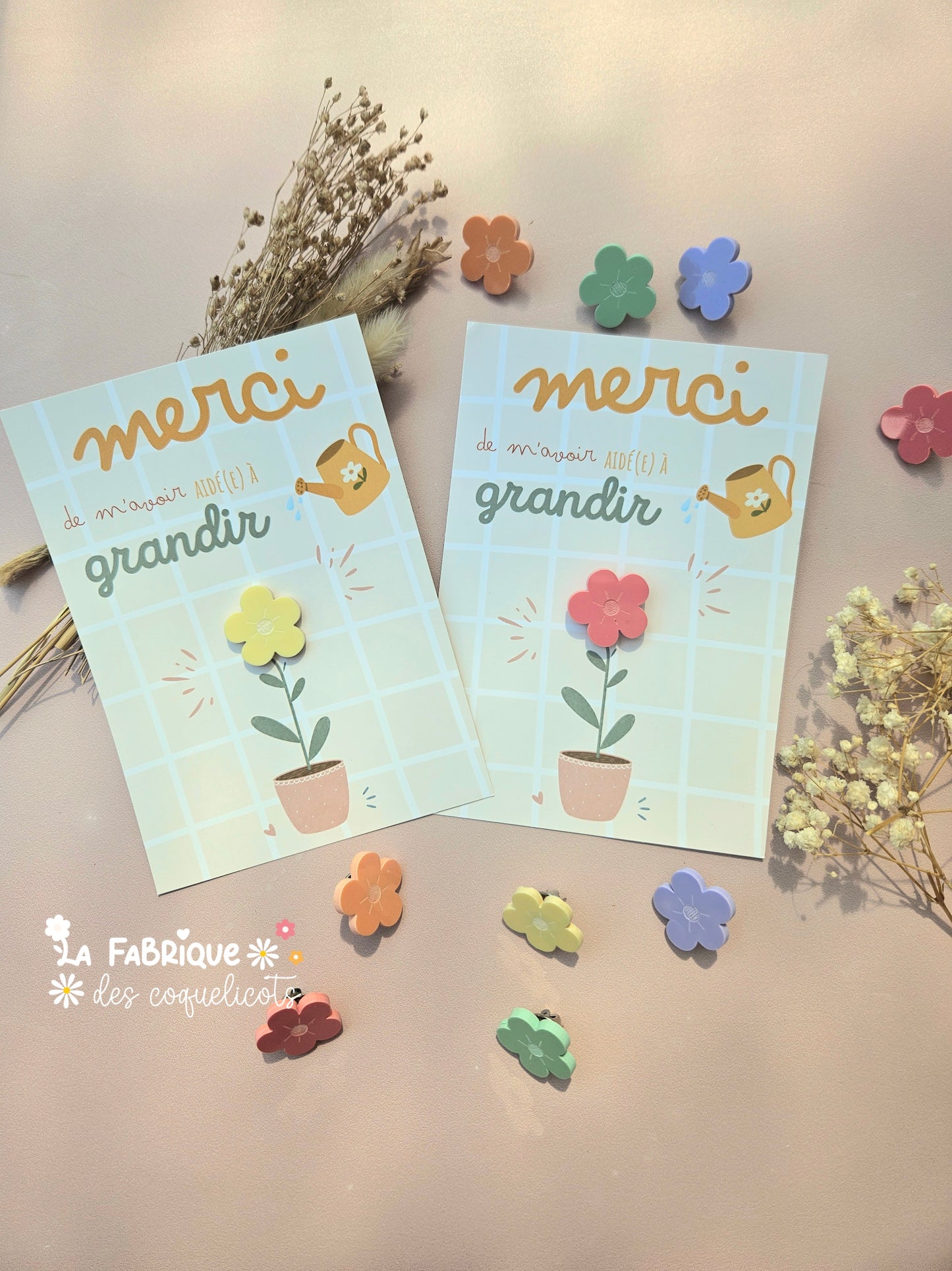 Pin's fleur- GRANDE carte "Merci de m'avoir aidé à grandir"
