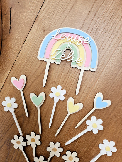 Mini cake topper coeur coloré  / décoration gâteau anniversaire, baptême mariage thème arc en ciel coeur
