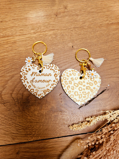 Porte clé bois cœur LEOPARD