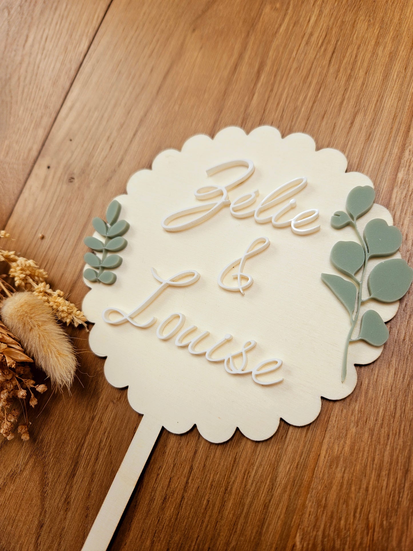 Cake topper eucalyptus prénom personnalisé / déco anniversaire baptême mariage communion / déco champêtre
