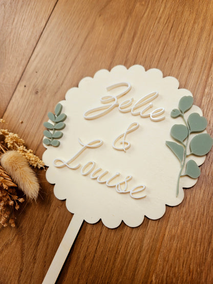 Cake topper eucalyptus prénom personnalisé / déco anniversaire baptême mariage communion / déco champêtre