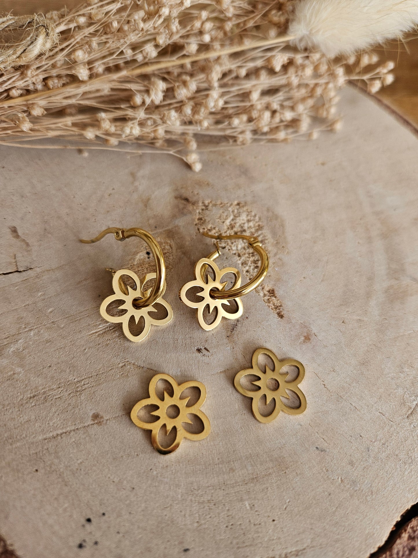 Pampilles interchangeables - par 2 -  FLEUR doré acier inoxydable