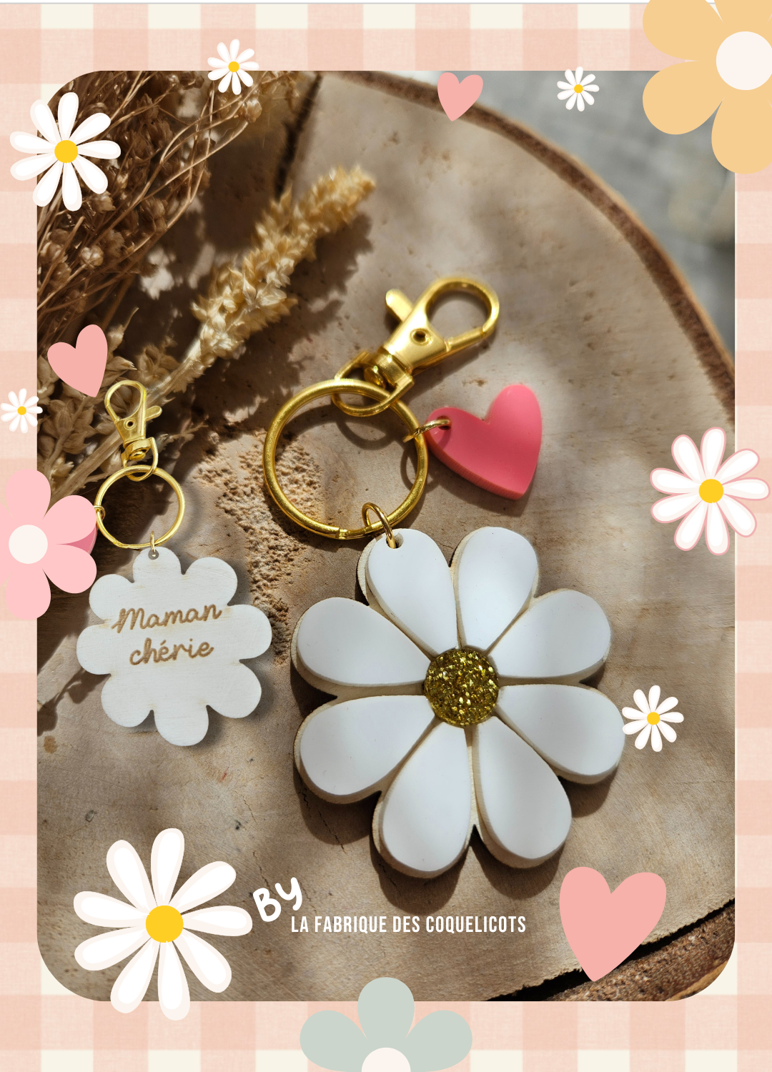 Porte clé bois ET PLEXI MARGEURITE COEUR / maman mamie maîtresse atsem cadeau femme
