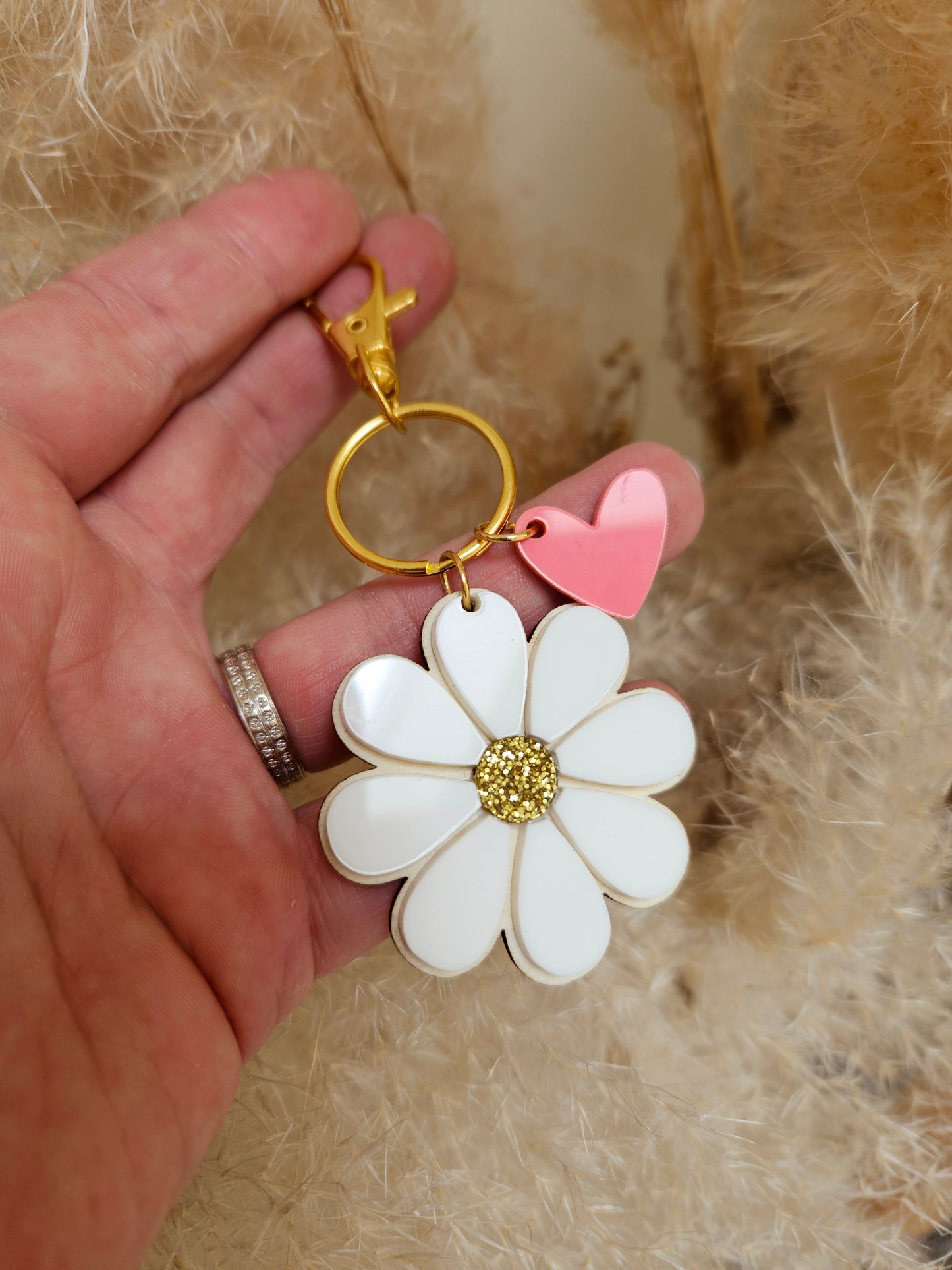 Porte clé bois ET PLEXI MARGEURITE COEUR / maman mamie maîtresse atsem cadeau femme