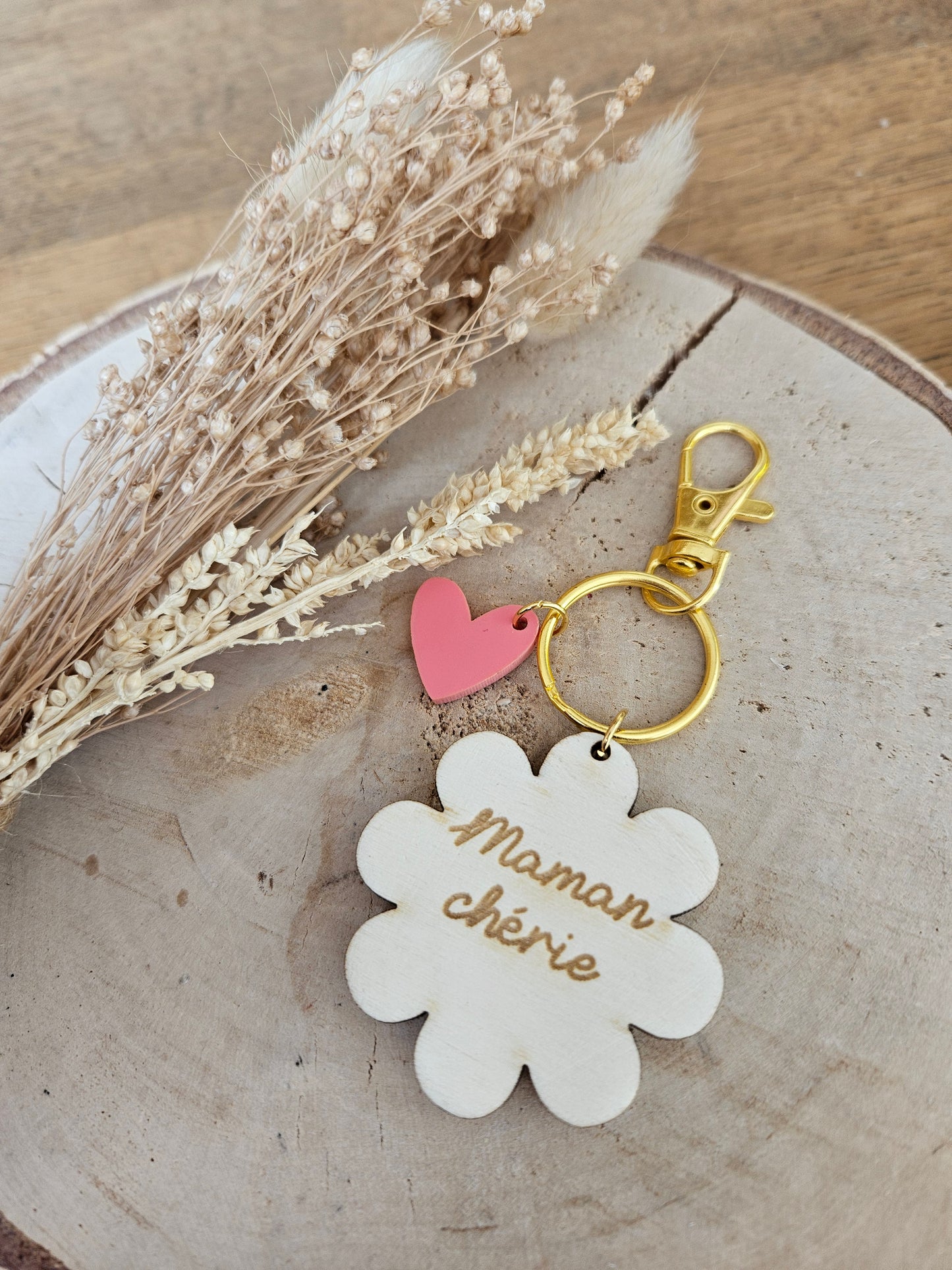 Porte clé bois ET PLEXI MARGEURITE COEUR / maman mamie maîtresse atsem cadeau femme