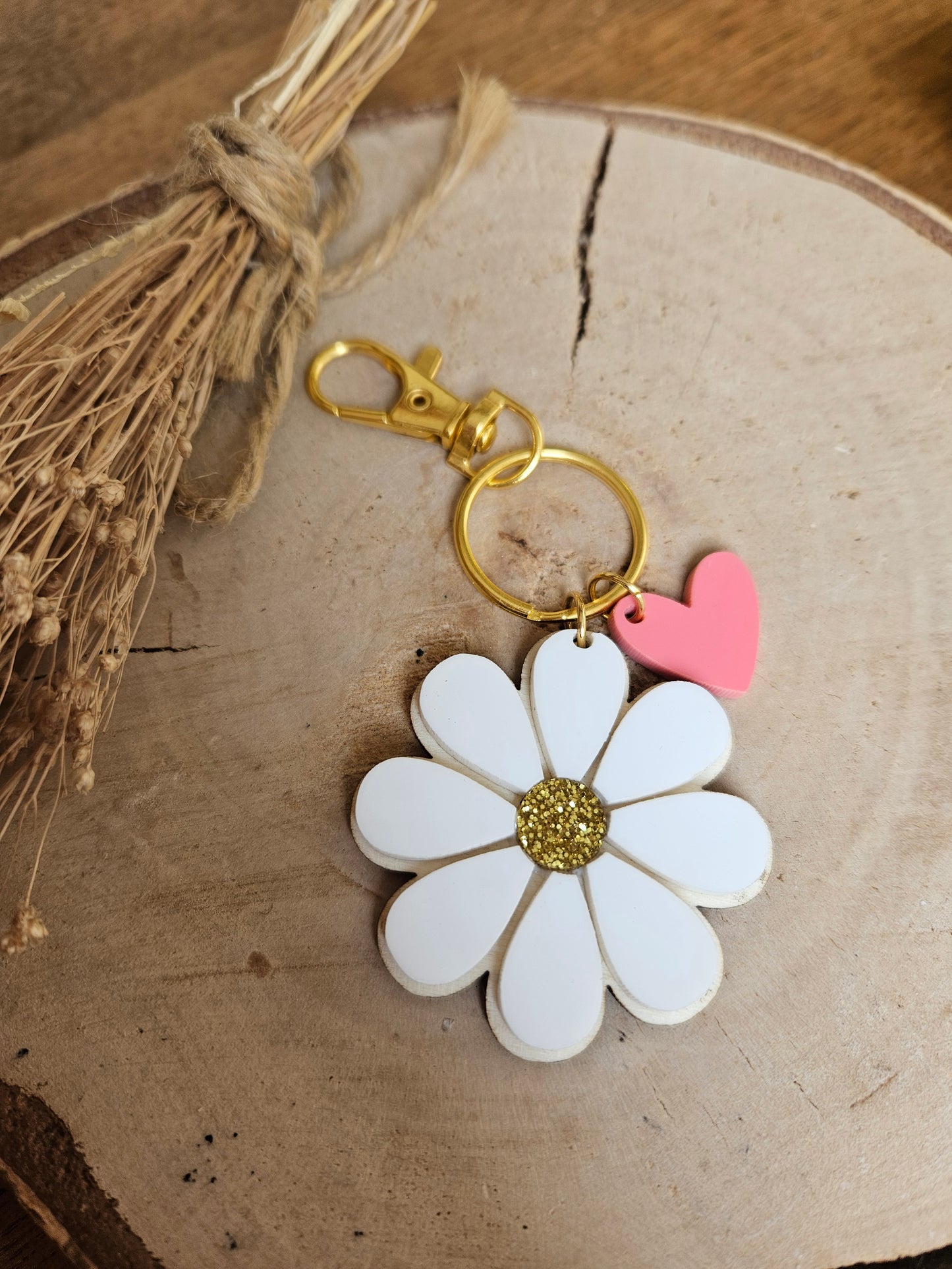 Porte clé bois ET PLEXI MARGEURITE COEUR / maman mamie maîtresse atsem cadeau femme