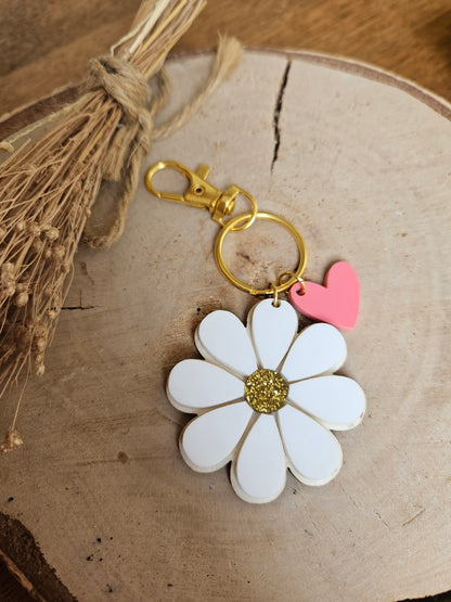 Porte clé bois ET PLEXI MARGEURITE COEUR / maman mamie maîtresse atsem cadeau femme