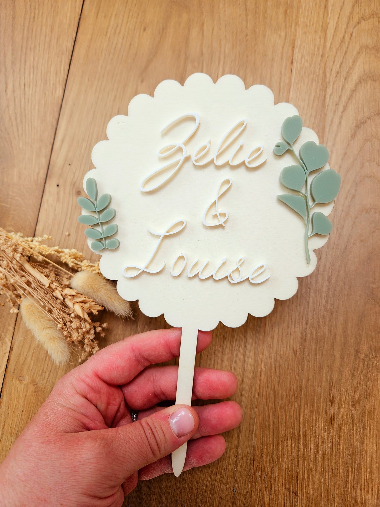 Cake topper eucalyptus prénom personnalisé / déco anniversaire baptême mariage communion / déco champêtre