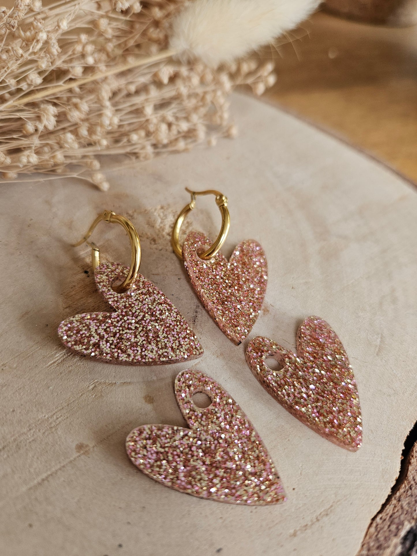 Boucles oreilles AMBRE interchangeables cœur PAMPILLE / créole femme en Acier Inoxydable - CHAMPAGNE PAILLETE