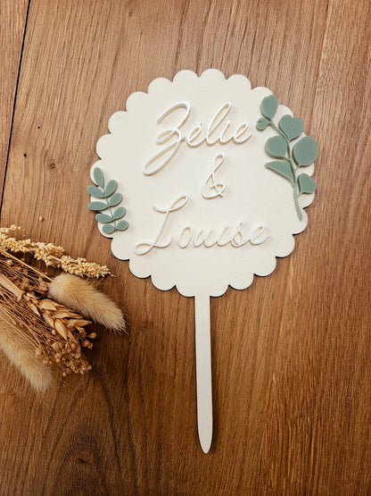 Cake topper eucalyptus prénom personnalisé / déco anniversaire baptême mariage communion / déco champêtre