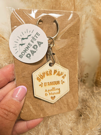Porte clé bois hexagone PAPA / parrain témoin papy cadeau HOMME