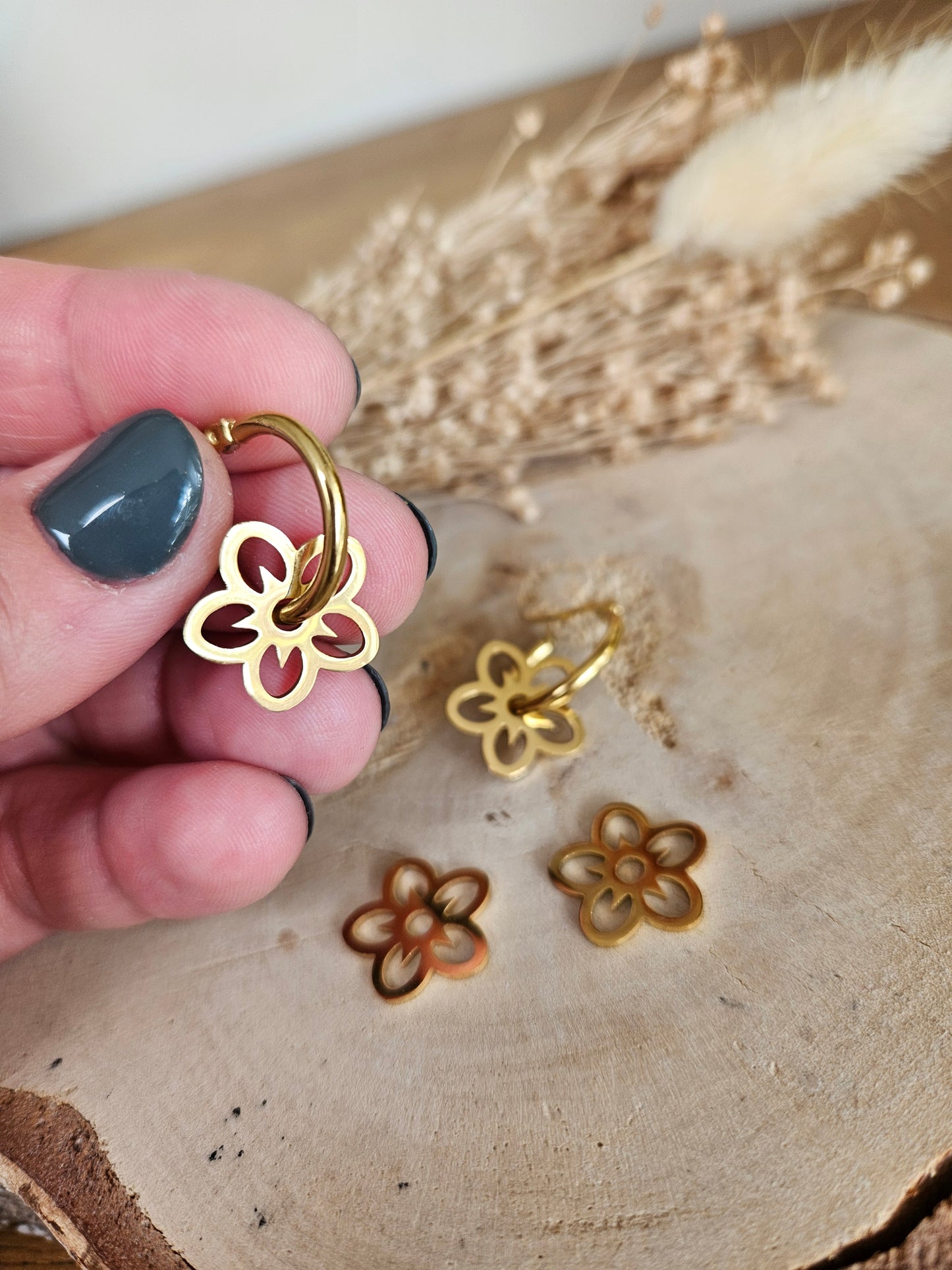 Pampilles interchangeables - par 2 -  FLEUR doré acier inoxydable