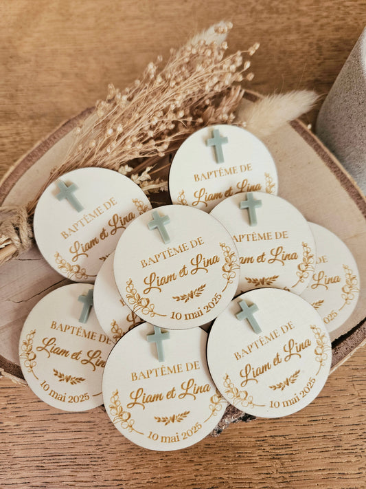 Magnet bois religieux eucalyptus / croix / baptême communion mariage - cadeau invité