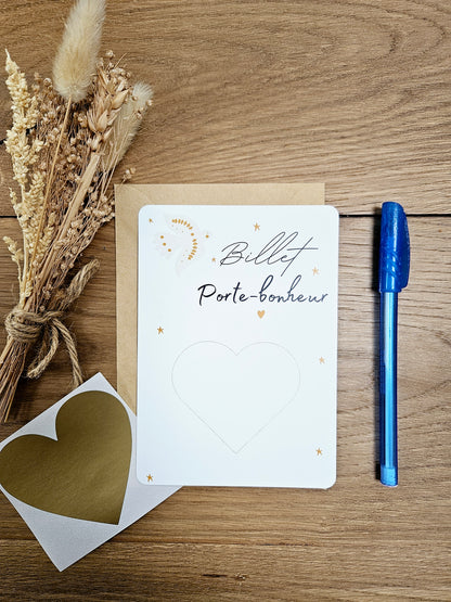 Carte à gratter - billet porte bonheur - à personnaliser - carte de voeux annonce grossesse  annonce mariage - cadeau anniversaire demande mariage marraine parrain mamie papy témoin
