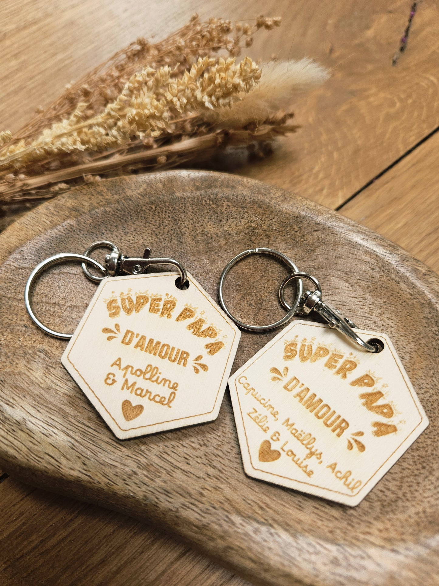 Porte clé bois hexagone PAPA / parrain témoin papy cadeau HOMME