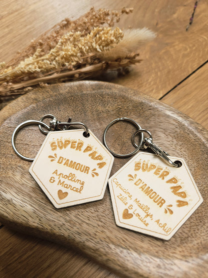 Porte clé bois hexagone PAPA / parrain témoin papy cadeau HOMME