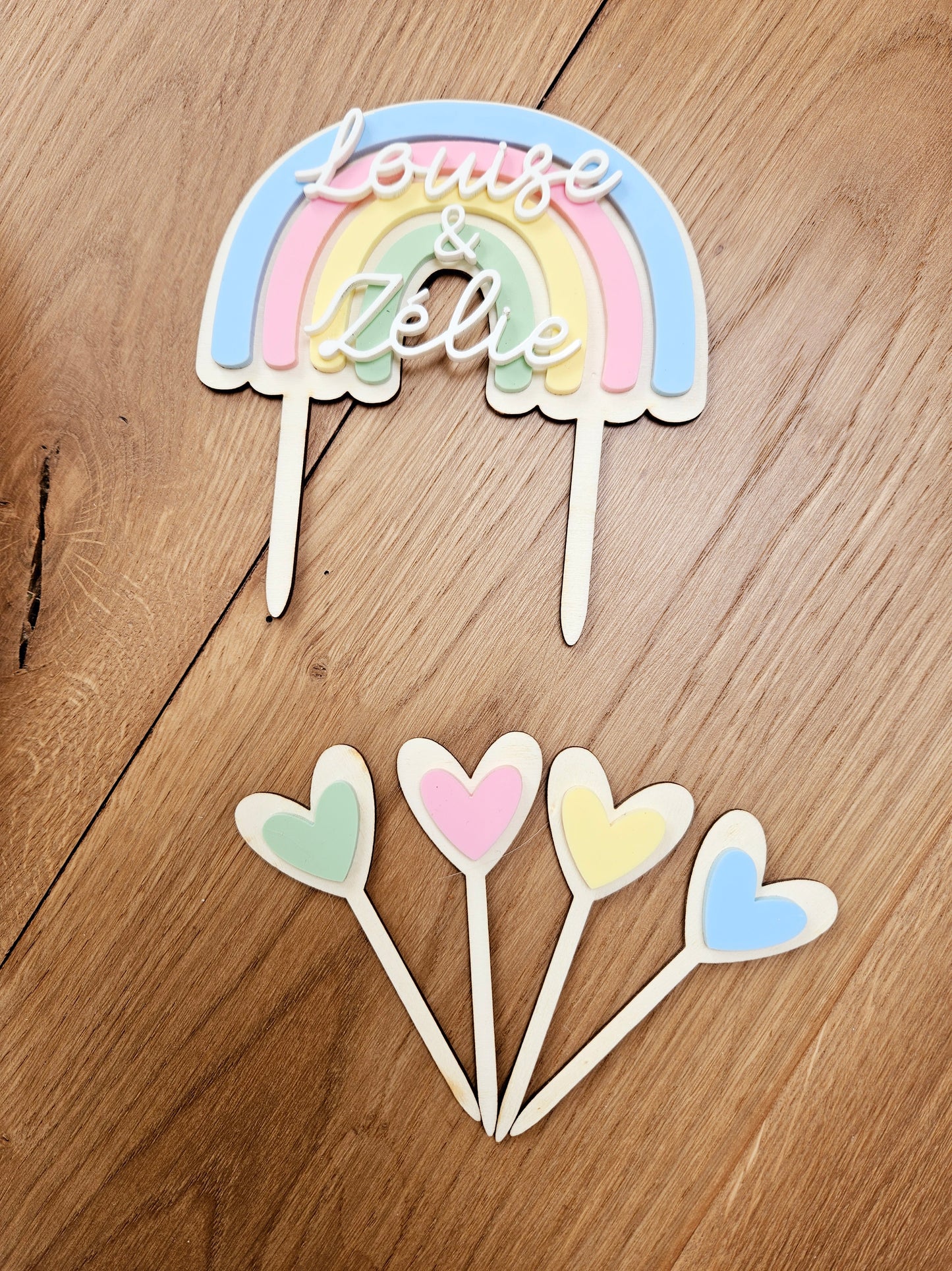 Mini cake topper coeur coloré  / décoration gâteau anniversaire, baptême mariage thème arc en ciel coeur