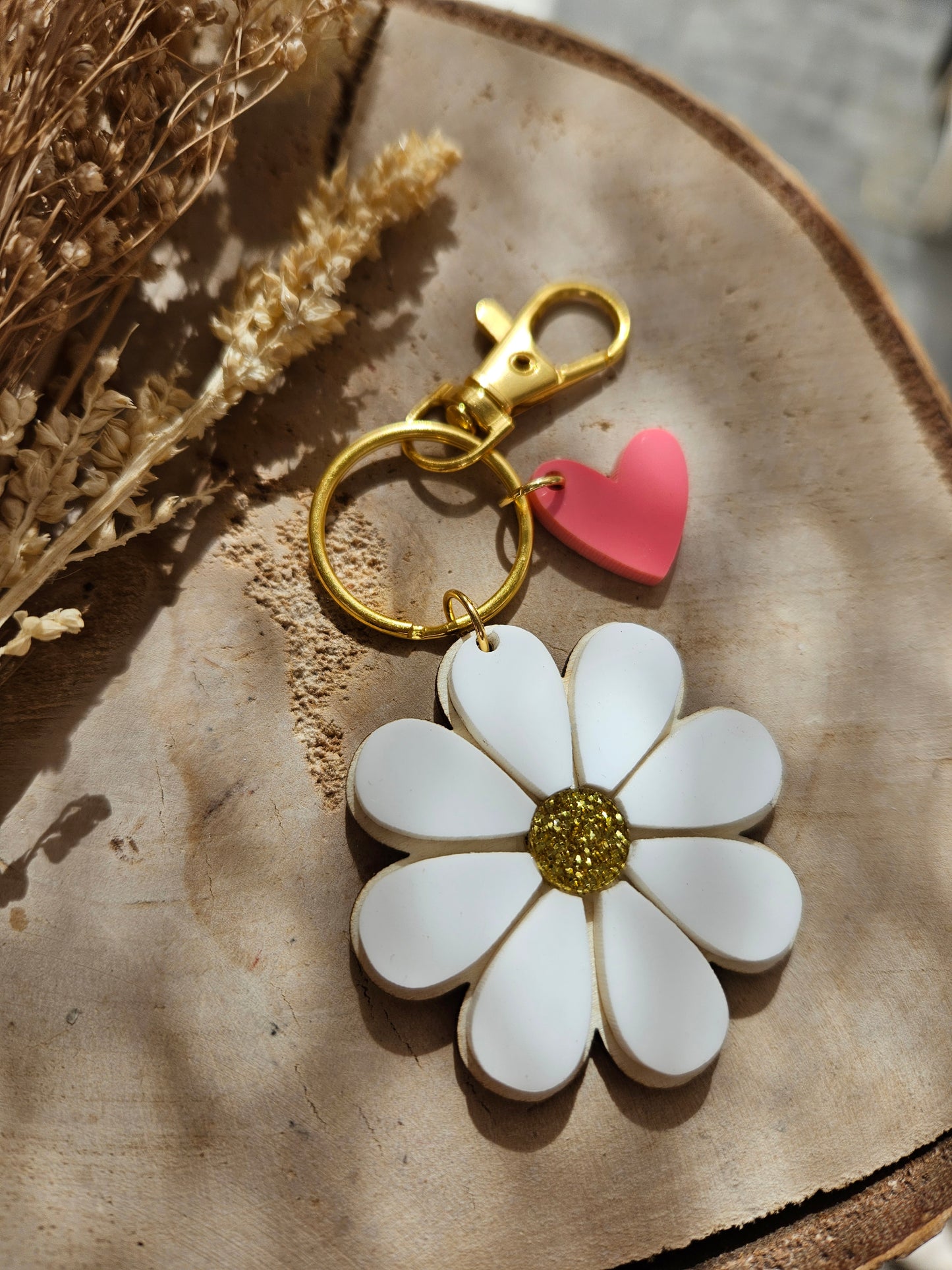 Porte clé bois ET PLEXI MARGEURITE COEUR / maman mamie maîtresse atsem cadeau femme