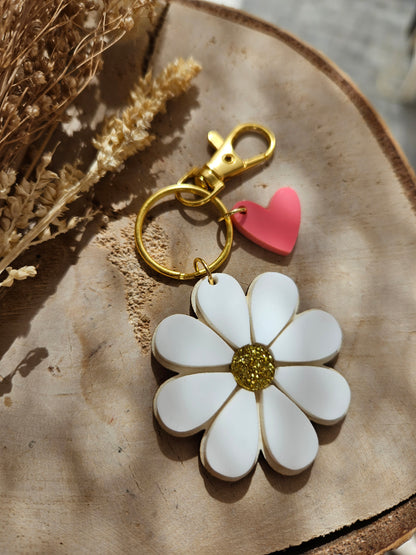 Porte clé bois ET PLEXI MARGEURITE COEUR / maman mamie maîtresse atsem cadeau femme