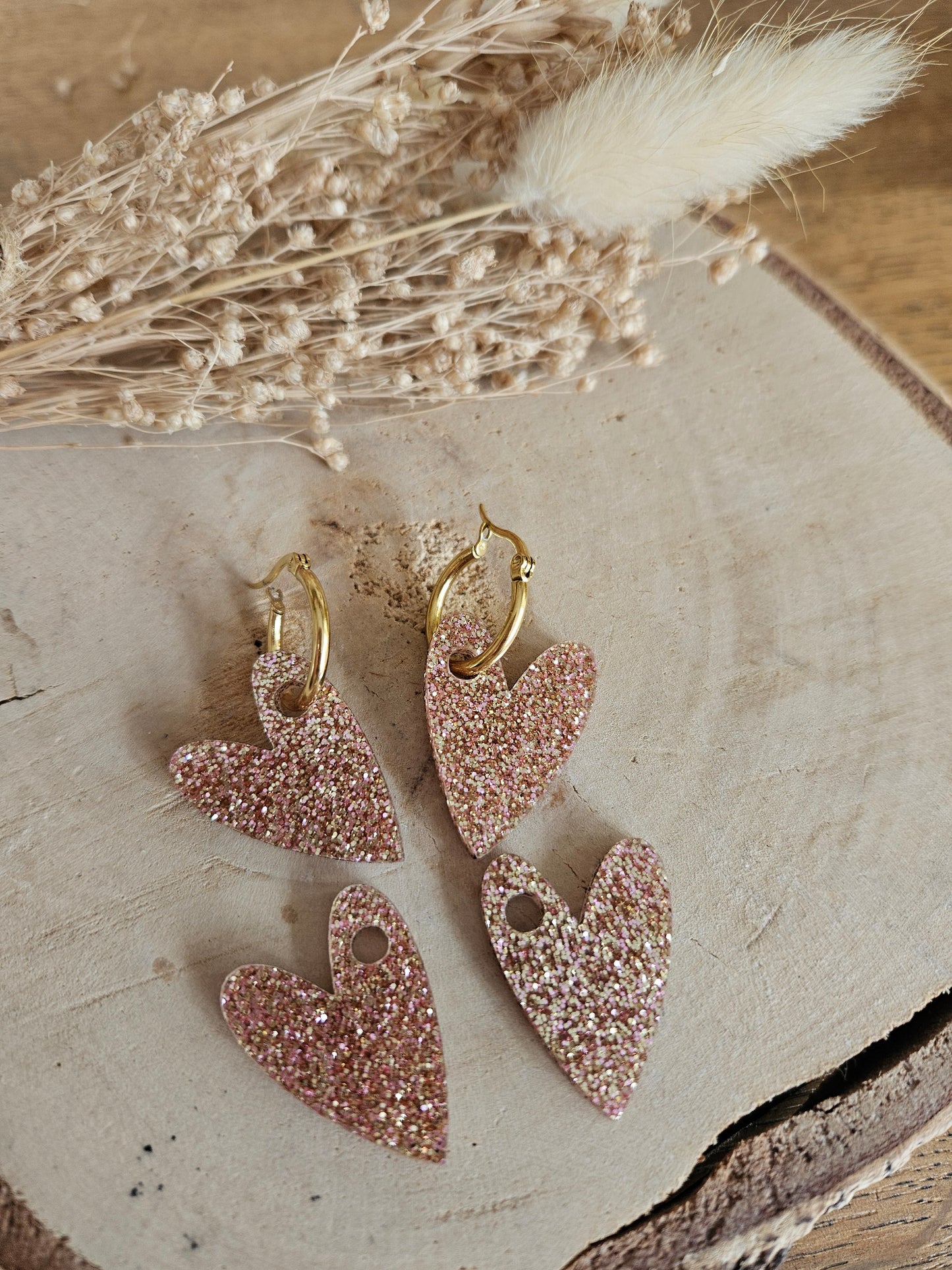 Boucles oreilles AMBRE interchangeables cœur PAMPILLE / créole femme en Acier Inoxydable - CHAMPAGNE PAILLETE