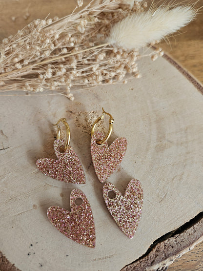 Boucles oreilles AMBRE interchangeables cœur PAMPILLE / créole femme en Acier Inoxydable - CHAMPAGNE PAILLETE