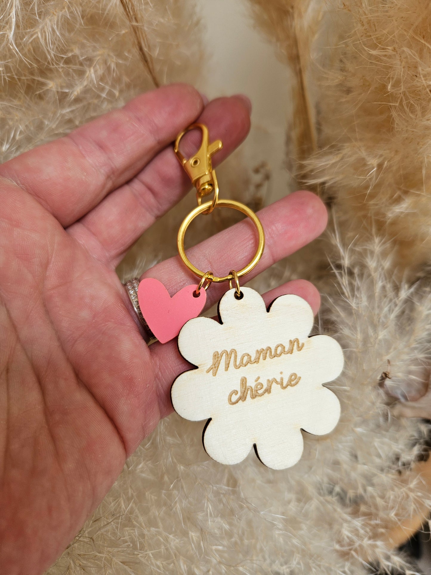 Porte clé bois ET PLEXI MARGEURITE COEUR / maman mamie maîtresse atsem cadeau femme