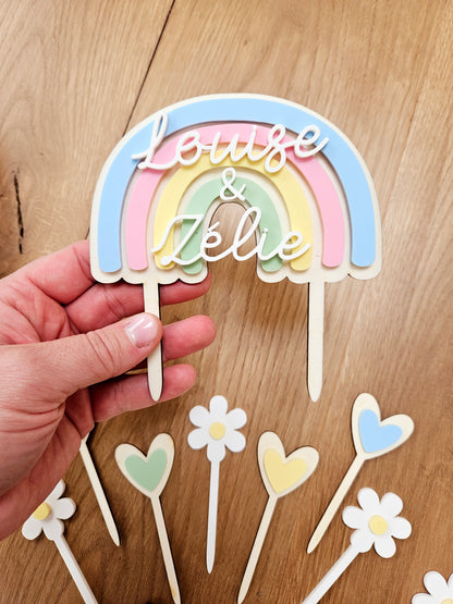 Cake topper arc en ciel prénom personnalisé / déco anniversaire baptême mariage communion / déco fille